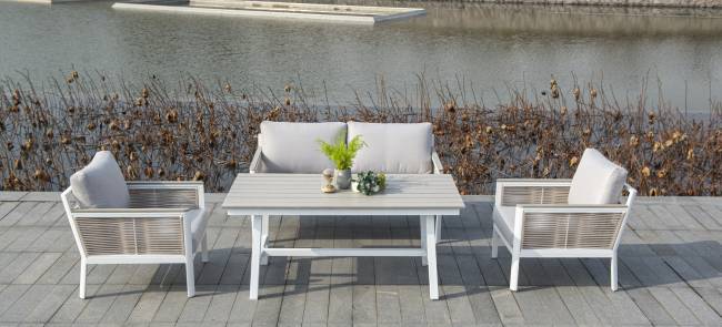 "Сан Ремо" диван 2-местный плетеный из роупа, каркас алюминий белый, роуп бежевый, ткань бежевая