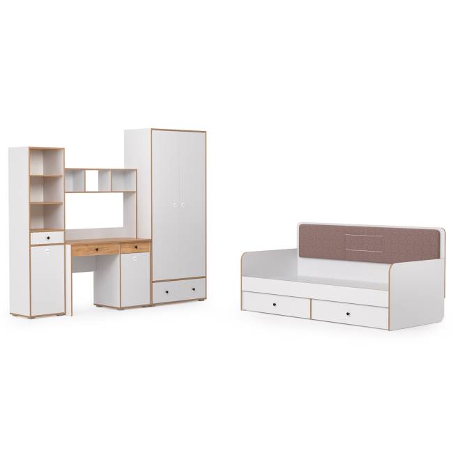 Детская кровать с ящиками и уголок школьника Вуди № 36 цвет белый премиум/дуб крафт золотой/саванна латте