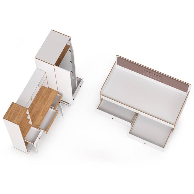 Детская кровать с ящиками и уголок школьника Вуди № 36 цвет белый премиум/дуб крафт золотой/саванна латте