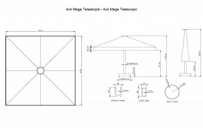 Зонт профессиональный 4х4 м Mega Telescopic серебристый, светлый беж 4000х4000 мм