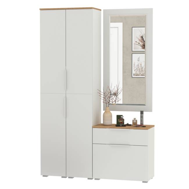 Два шкаф-пенала и обувница с ящиком с зеркалом Октава цвет белый шагрень/дуб крафт золотой Два шкаф-пенала и обувница с ящиком с зеркалом Октава цвет белый шагрень/дуб крафт золотой