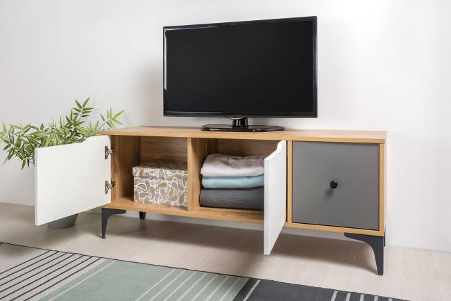 Тумба под ТВ Вайс 13.270.01 цвет дуб золотой/тёмно-серый/МДФ милк софт