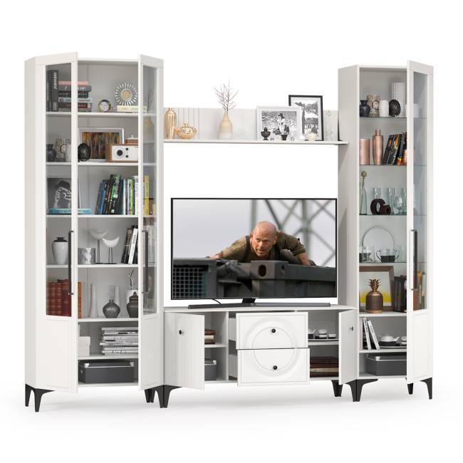 Стенка для гостиной с сервантом Валенсия № 60 цвет белый шагрень Стенка для гостиной с сервантом Валенсия № 60 цвет белый шагрень