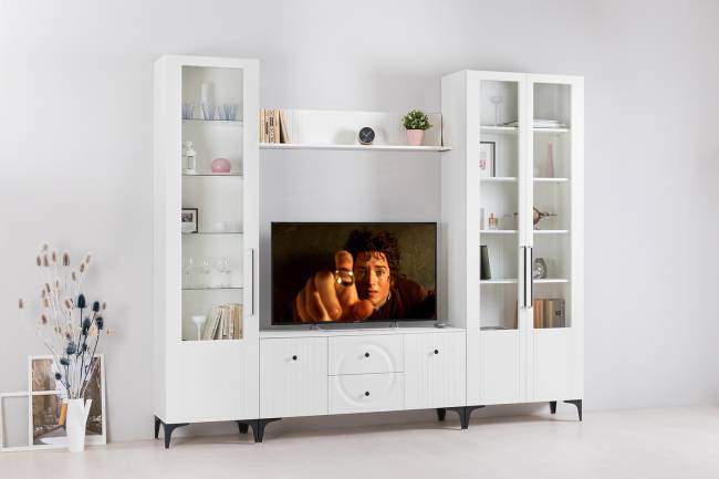 Стенка для гостиной с сервантом Валенсия № 60 цвет белый шагрень Стенка для гостиной с сервантом Валенсия № 60 цвет белый шагрень