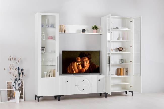 Стенка для гостиной с сервантом Валенсия № 60 цвет белый шагрень Стенка для гостиной с сервантом Валенсия № 60 цвет белый шагрень