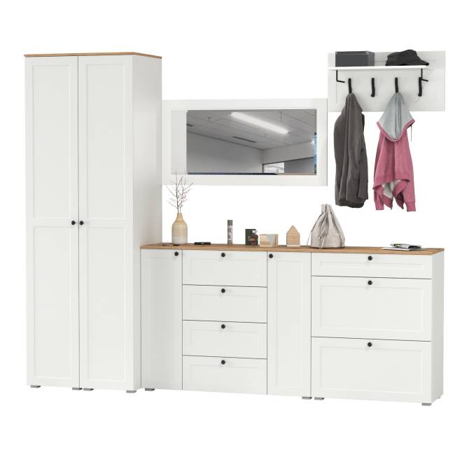 Стенка в прихожую Остин № 58 цвет белый шагрень/дуб крафт золотой Стенка в прихожую Остин № 58 цвет белый шагрень/дуб крафт золотой