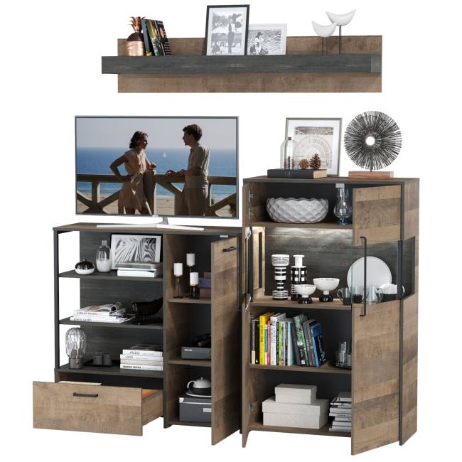 Комод с витриной с подсветкой и комод с дверкой и ящиком Трувор цвет дуб гранж песочный/интра