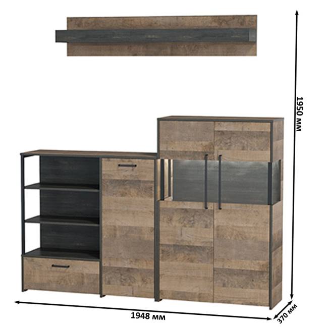 Комод с витриной с подсветкой и комод с дверкой и ящиком Трувор цвет дуб гранж песочный/интра
