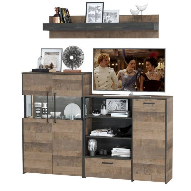 Комод с витриной с подсветкой и комод с дверкой и ящиком Трувор цвет дуб гранж песочный/интра