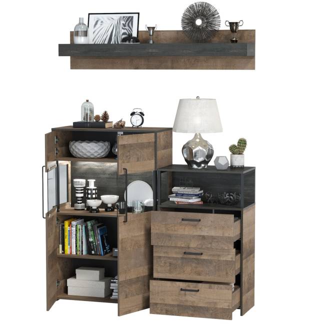 Комод с витриной и подсветкой и комод с ящиками Трувор цвет дуб гранж песочный/интра